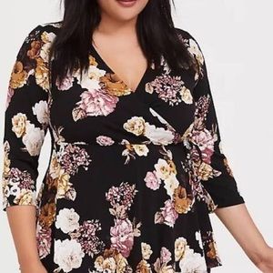 Torrid Black Floral Studio Knit Wrap Peplum Top